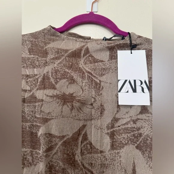 Zara Jacquard Midi Tie Waist Crinkle Detail Dress Brown Full sleeves high neck M - Picture 12 of 17